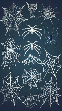 Spider web set on dark background. Vector illustration for Halloween design.のイラスト素材