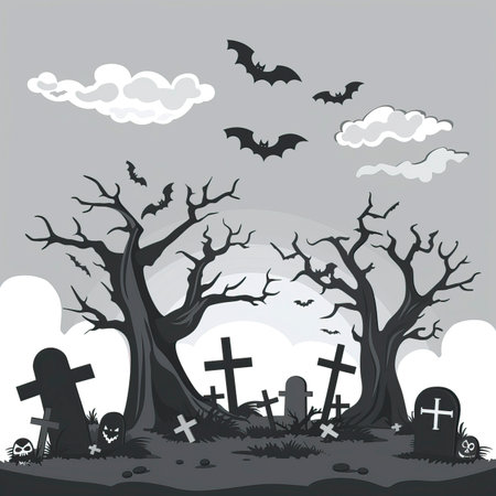 Halloween background with graveyard, bats and trees. Vector illustration.のイラスト素材