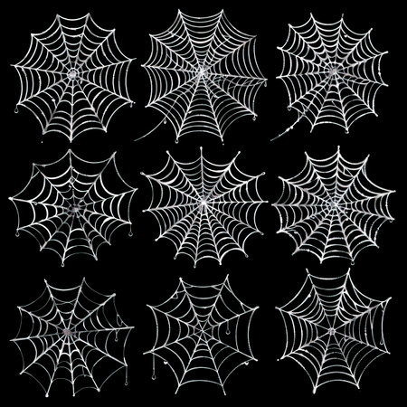 Spider web set isolated on black background. Vector illustration for Halloween design.のイラスト素材