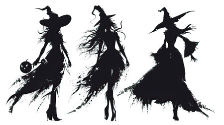 Silhouettes of witches on white background. Halloween design elements.のイラスト素材
