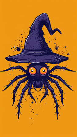 Halloween spider in a witch hat. Vector illustration on orange background.のイラスト素材