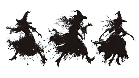 Silhouettes of witches on a white background. Halloween theme.のイラスト素材
