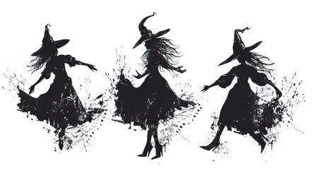 Silhouettes of witches in black and white. Vector illustration.のイラスト素材