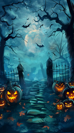 Halloween background with pumpkins, graveyard and bats. Vector illustration.のイラスト素材