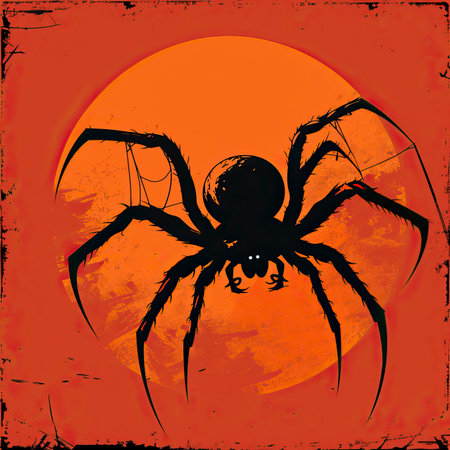 spider on orange background, halloween background, vector illustrationのイラスト素材