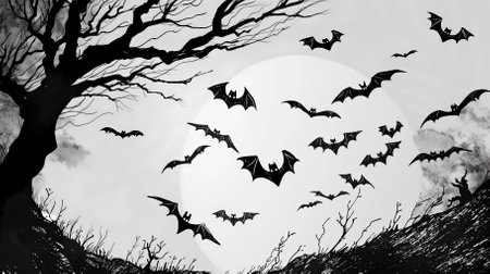 Halloween background with flying bats and full moon. Vector illustration.のイラスト素材