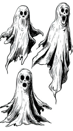 Halloween ghosts. Black and white engraved ink art. Vector illustration.のイラスト素材