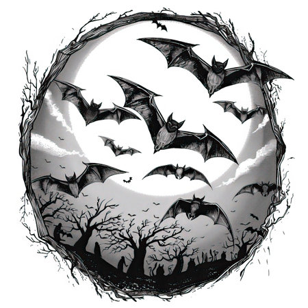 Halloween background with bats and full moon. Hand drawn illustration.のイラスト素材