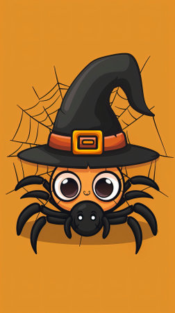 Halloween spider with black hat on orange background, vector illustration.のイラスト素材