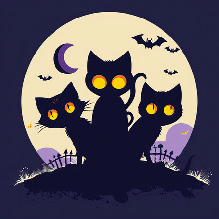 Halloween background with cat, bats and moon. Vector illustration.のイラスト素材