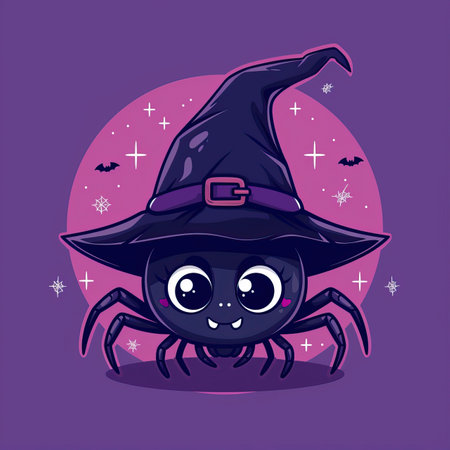 Cute cartoon spider in witch hat on purple background. Vector illustration.のイラスト素材