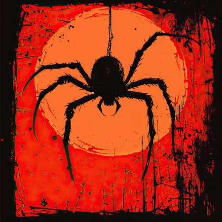 spider on a grunge background with orange sun. vector illustrationのイラスト素材