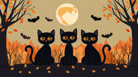 Halloween background with black cats in the forest. Vector illustration.のイラスト素材