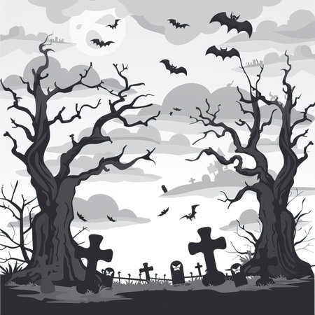 Halloween background with cemetery, trees and bats. Vector illustration.のイラスト素材