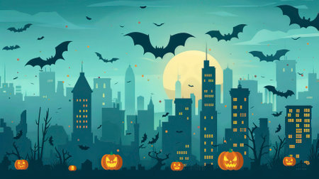 Halloween night city background with pumpkins and bats. Vector illustration.のイラスト素材