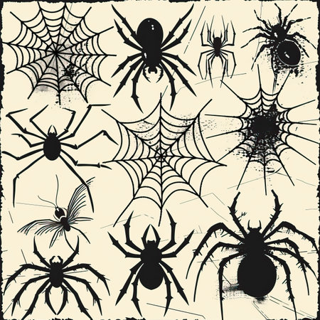 Set of spiders and web. Vector illustration. Design elements for Halloween.のイラスト素材