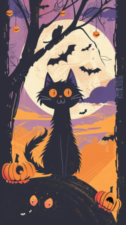 Halloween card with black cat, pumpkin and bats. Vector illustration.のイラスト素材
