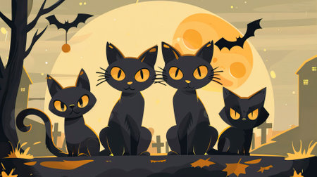 Halloween background with black cats, bats and moon. Vector illustration.のイラスト素材