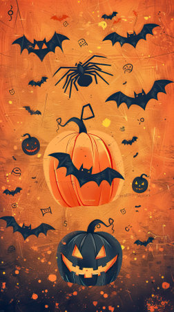 Halloween background with pumpkins, bats and spiders on grunge backgroundのイラスト素材