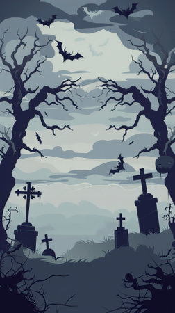 Halloween background with graveyard, bats and dead trees. Vector illustration.のイラスト素材