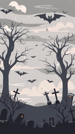 Halloween background with cemetery, bats and tree. Vector illustration.のイラスト素材