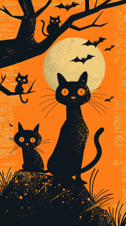 Halloween background with black cats and bats on orange background. Vector illustration.のイラスト素材