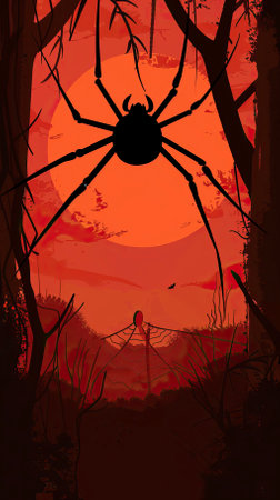 Halloween background with big spider in the night forest. Vector illustration.のイラスト素材