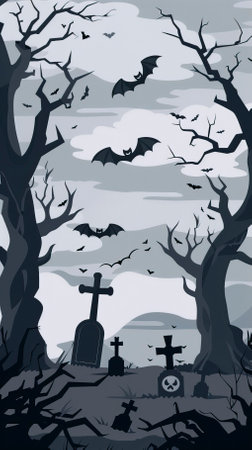 Halloween background with graveyard, bats and trees. Vector illustration.のイラスト素材