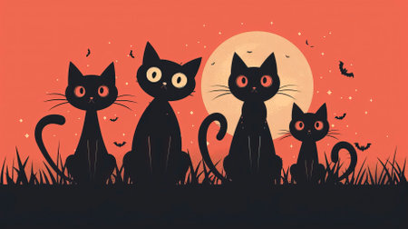 Vector illustration of black cats sitting in the grass on the background of the full moonのイラスト素材