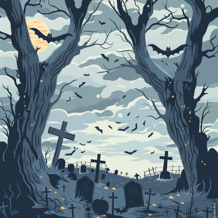 Halloween background with cemetery, bats and trees. Vector illustration.のイラスト素材
