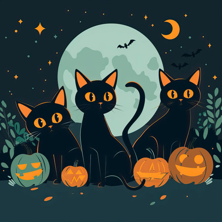 Halloween background with black cats and pumpkins. Vector illustration.のイラスト素材