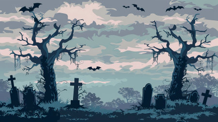 Halloween background with graveyard, bats and trees. Vector illustration.