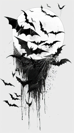 Halloween background with flying bats and moon. Black and white.のイラスト素材