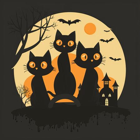 Halloween background with black cats and haunted house. Vector illustration.のイラスト素材