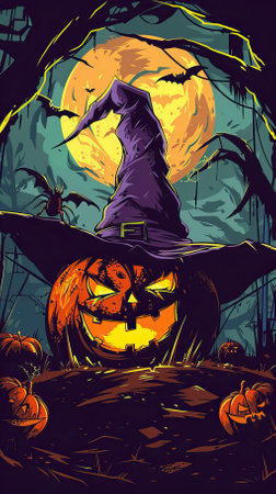 Halloween background with a witch and pumpkins. Vector illustration.のイラスト素材