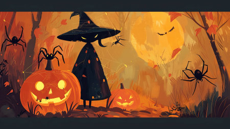Halloween background with pumpkins, spiders and witch. Vector illustration.のイラスト素材