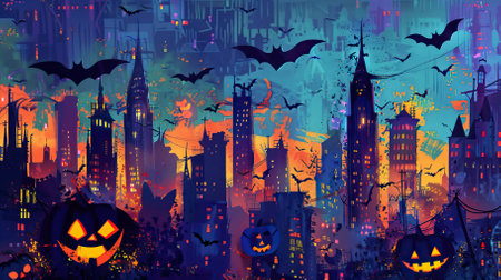 Halloween background with pumpkins, bats and city. Vector illustration.のイラスト素材