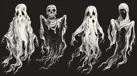 Set of black and white ghosts in different poses. Vector illustration.のイラスト素材