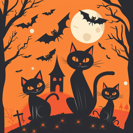 Halloween background with black cats, bats and castle. Vector illustration.のイラスト素材