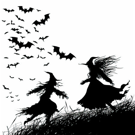 Halloween background with witchs flying on broomstick and flying batsのイラスト素材
