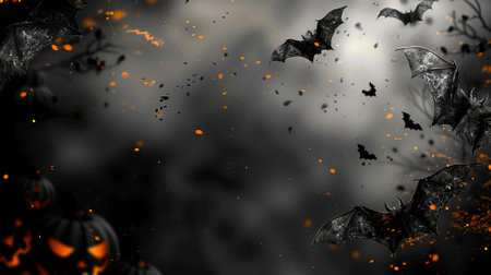 Halloween background with flying bats and spiders. 3D illustration.のイラスト素材