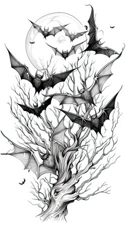 Halloween illustration with bats and tree. Black and white version.のイラスト素材