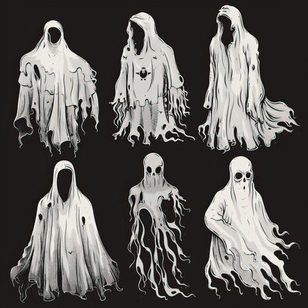 Set of black and white scary ghost isolated on a black background.