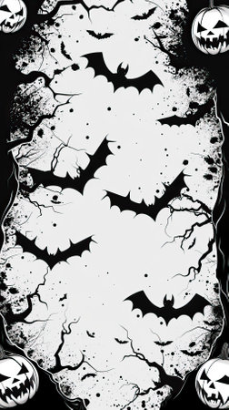 Halloween background with bats and pumpkins in black and white colorsのイラスト素材
