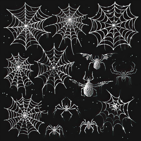spider web set on black background, vector illustration eps10のイラスト素材