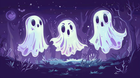 Ghosts in the night forest. Vector illustration of cartoon style.