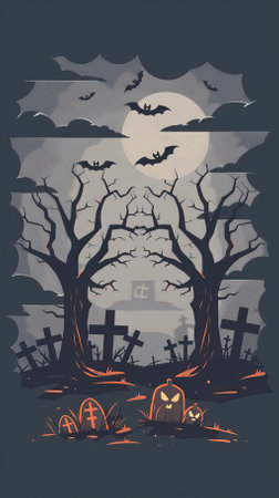 Halloween background with pumpkins, cemetery and bats. Vector illustration.のイラスト素材