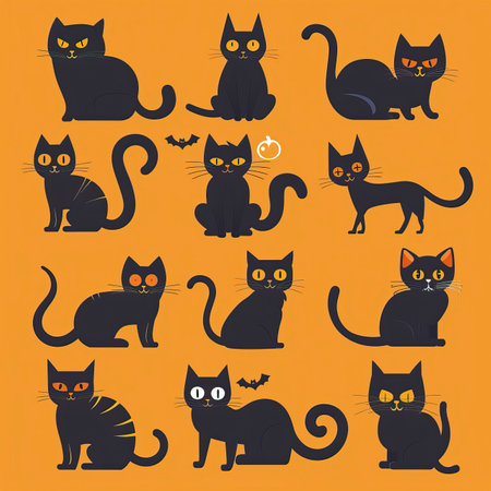 Set of black cats on orange background. Cute cartoon characters.のイラスト素材