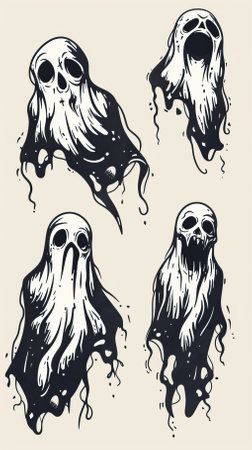 Set of scary ghosts. Hand drawn vector illustration in sketch style.のイラスト素材