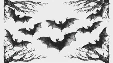 Halloween background with bats and tree branches. Hand drawn illustration.のイラスト素材